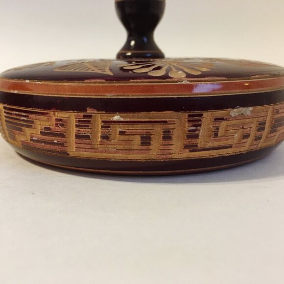 Carved Wood Trinket Jewelry Box Round Brown Vintage Aztec Floral Style Lid - Picture 5 of 8